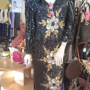 Black Sequin Floral Long Sleeve Dress